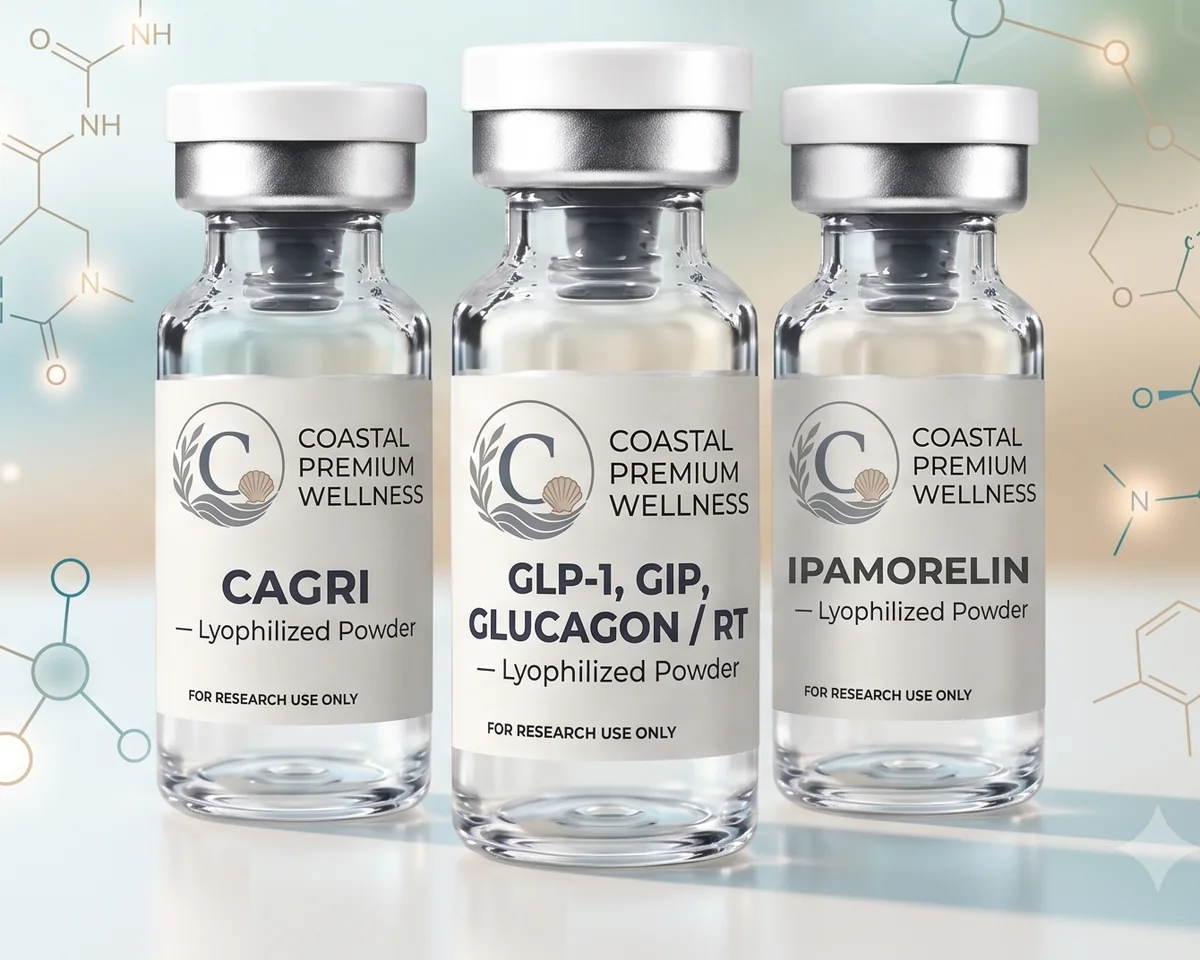Three Coastal Premium Wellness research peptide vials with molecular structure detail